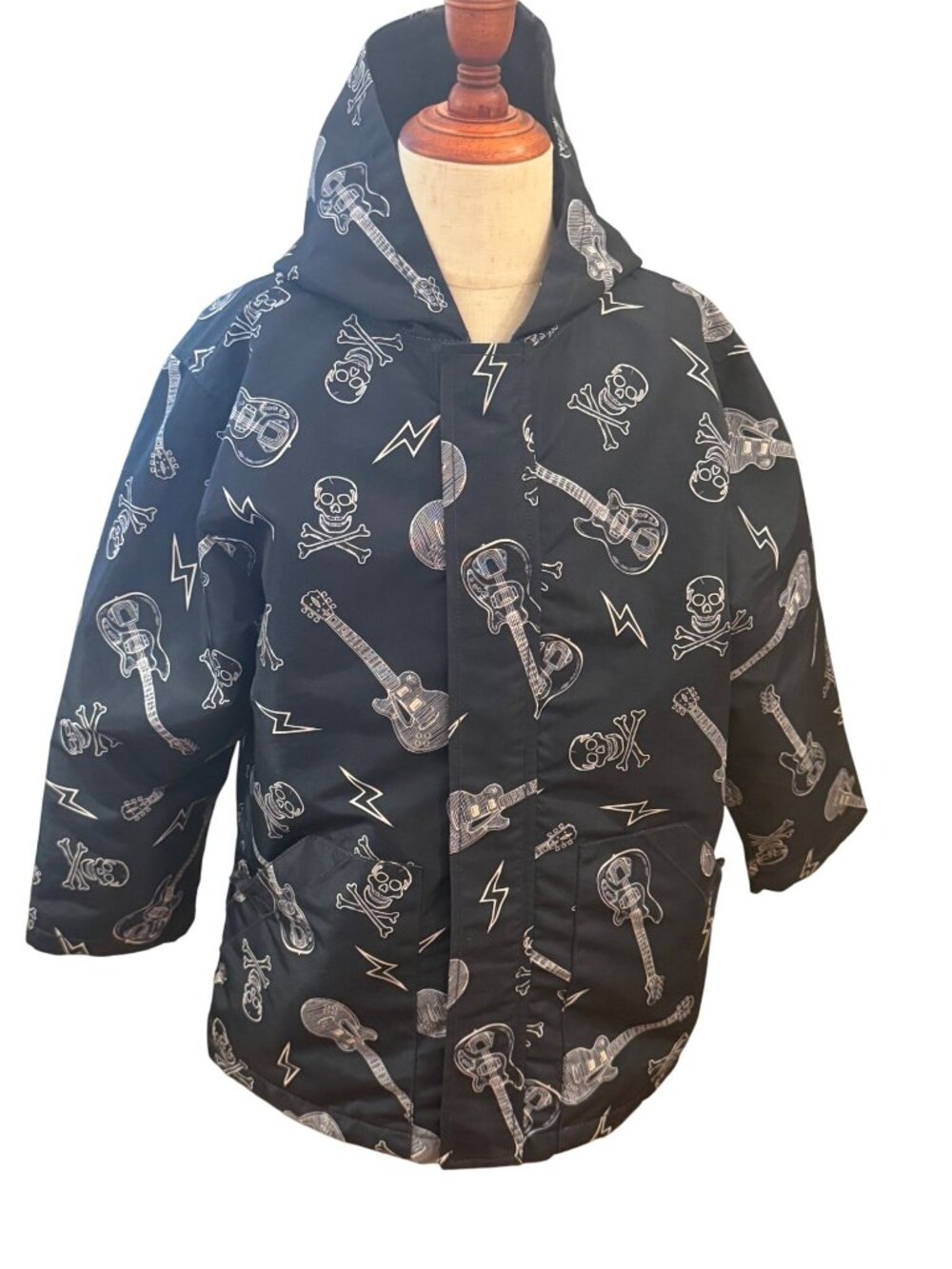 Boys Rock Star Hooded Puffer Jacket Navy blue Skull Guitar Lightning Print Size